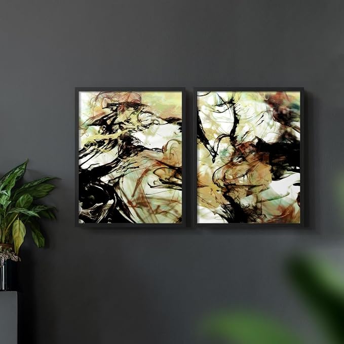 Renditions Gallery Set of 2 Peel & Stick Framed Prints, Abstract Wall Art, Vaping Smoke Design Wall Decor, Re-Stickable - Ready to Hang - 11"x14" - Black Frame LT588