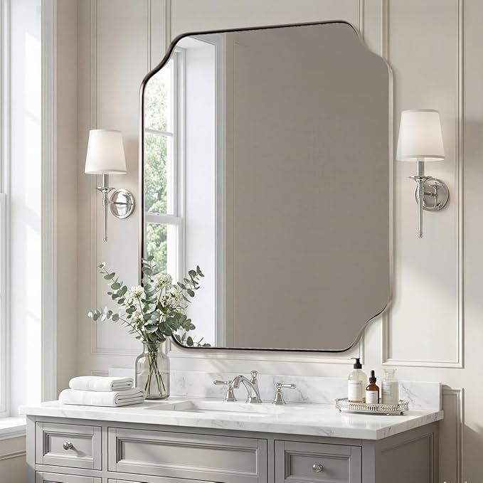 ANDY STAR 36x40 Inch Brushed Nickel Mirror, Large Bathroom Mirrors, Modern Silver Vanity Mirror in Anti-Rust Stainless Steel Frame, Unique Rounded Notched Corner Design, Ideal for Bathroom Remodel