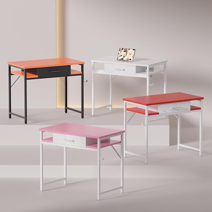 Pamray 32 Inch Small Computer Desk with Drawer and Shelves Simple Study Work Table for Bedroom Red