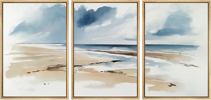 SIGNWIN Framed Canvas Print Wall Art Set Coastal Beach Horizon Blue and Tan Seascape Illustrations Modern Art Decorative Boho Relax/Zen Nordic for Living Room, Bedroom, Office - 16"x24"x3 Natural