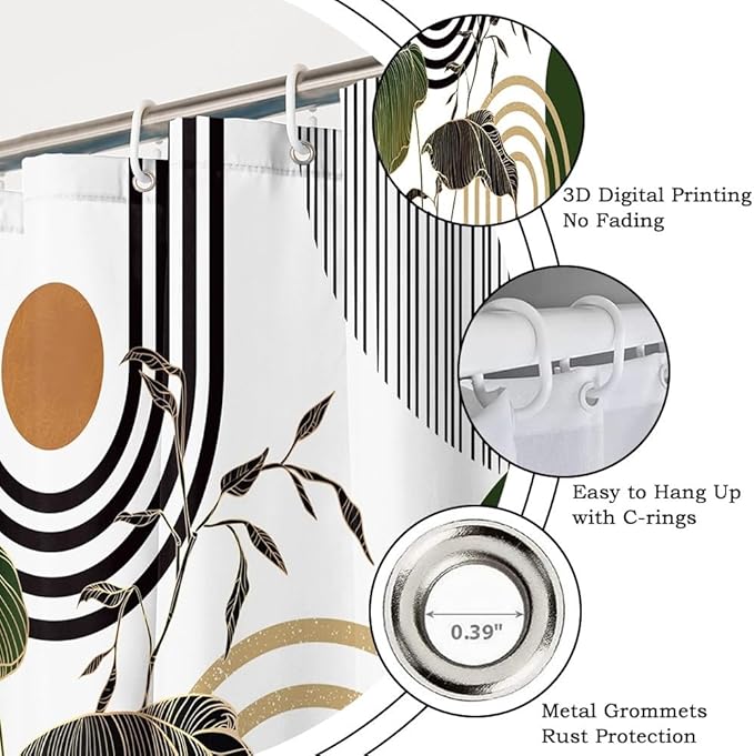 Mid Century Boho Shower Curtain for Bathroom Modern Abstract Minimalist Bathroom Decor Set Black Gold Leaf Sun Arch Bathtub Curtains Machine Washable Waterproof Polyester Fabric with Hooks 54x72 Inch