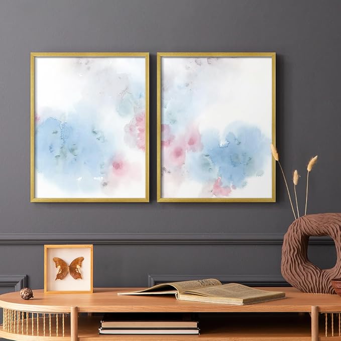 Renditions Gallery Set of 2 Peel & Stick Framed Prints, Watercolor Abstract Wall Art, Cotton Candy Splash Wall Decor, Re-Stickable - Ready to Hang - 8"x10" - GOLD Frame LT588