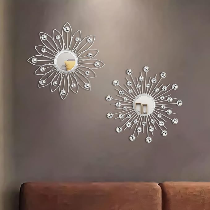 2 Pack Metal Mirrors for Wall Boho Sunburst Wall Mirror Home Decor Modern Decorative Wall Art for Bedroom Living Room Entryway