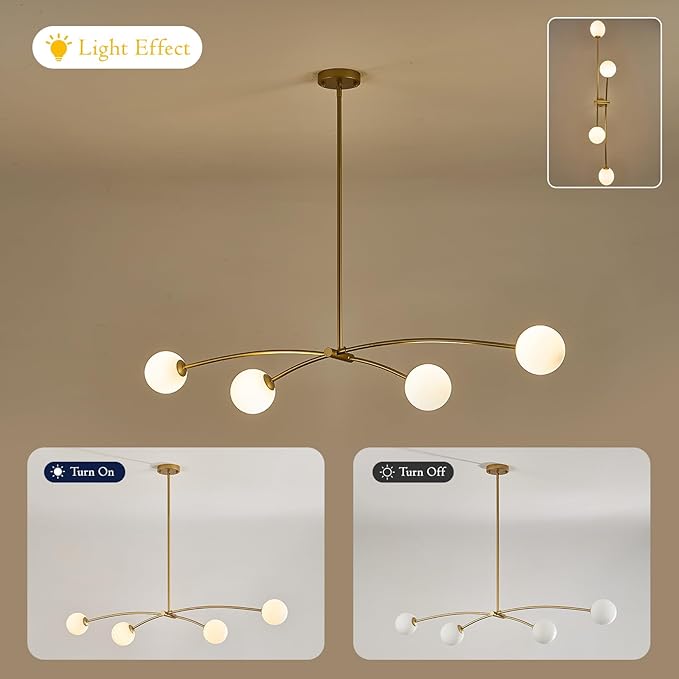 Modern Gold Sputnik Chandelier L51” Mid Century 4 Lights Milk Glass Globe Ceiling Pendant Light Fixture Contemporary for Kitchen Island Dining Room Bar Bedroom Home Office