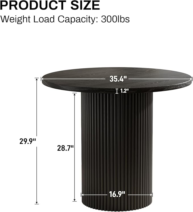 Rophefx Round Dining Table, 35.4" Modern Wood Kitchen Table for 2 to 4, Pedestal Circle Dining Tables, Fluted Dining Table for Leisure, Coffee, Kitchen, Dining Room φ35.4" x 29.9"H (Black Color)