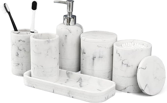 LIN CHUAN 6-Piece Bathroom Accessories Set, Organizer Set with Soap Dispenser, Toothbrush Holder Set, Vanity Tray, Tumbler & 2 Cotton Swab Jars – Modern Stylish Bathroom Storage(Marble White)