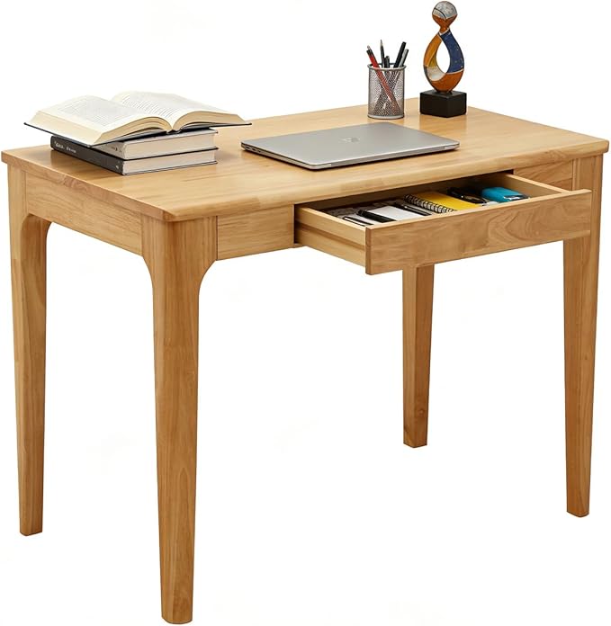 Solid Wooden Desk with Drawers, Small Writing Desk with Drawers for Computer, PC Desk for Work, Study or Gaming, Easy to Assemble (Natural, 31.5IN)