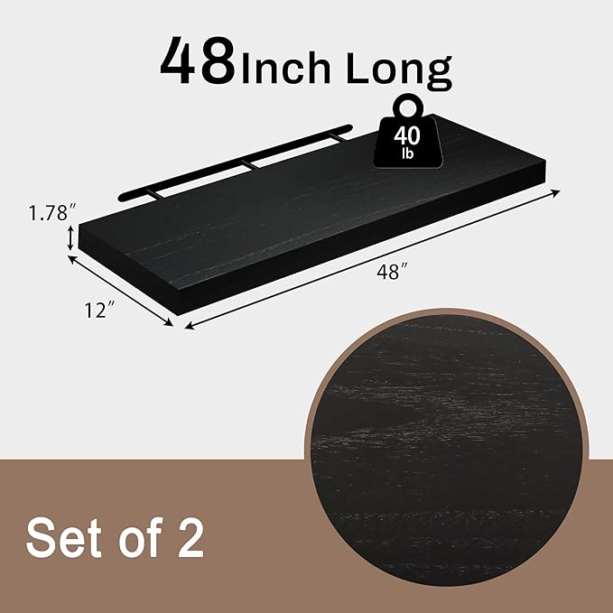 12x48 Inch Floating Shelves for Wall, Extra Long Black Wall Shelves, Set of 2, Hanging Invisible Brackets Floating Shelves for Living Room,Bedroom,and Kitchen (Black, 2T48IN)