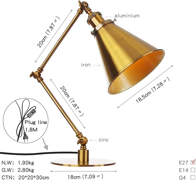 Makeup Vintage Desk Lamp, Industrial Metal Task Table Lamp with Adjustable Swing Arm, Bedroom Bedside Night Light Cafe Antique Reading Lighting,Gold
