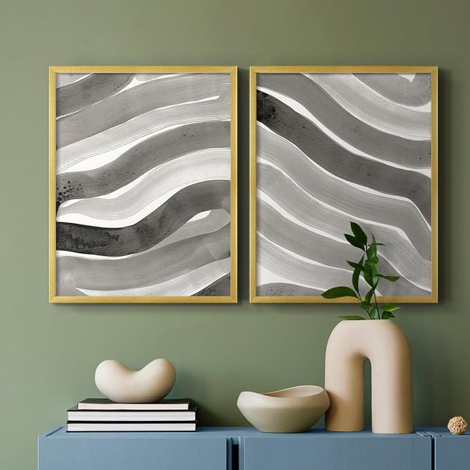 Renditions Gallery Set of 2 Peel & Stick Framed Prints, Watercolor Abstract Wall Art, Black and White Bold Brushstrokes Wall Decor, Re-Stickable - Ready to Hang - 11"x14" - GOLD Frame LT588