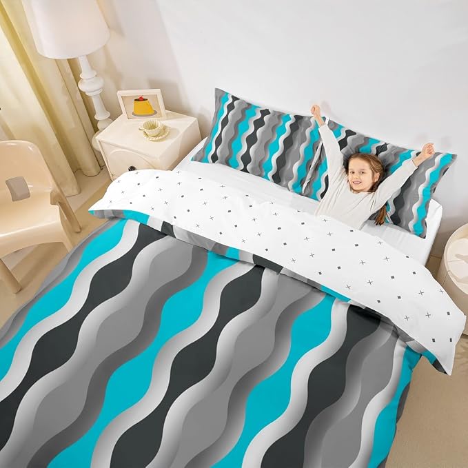 Turquoise Duvet Cover Geometric Retro Bedding Set Teal Blue Grey Black Stripe Comforter Cover for Boys Girls Kids Teens Bedroom Decor Mid Century Modern Decor Bed Set Full Size 3Pcs (No Comforter)