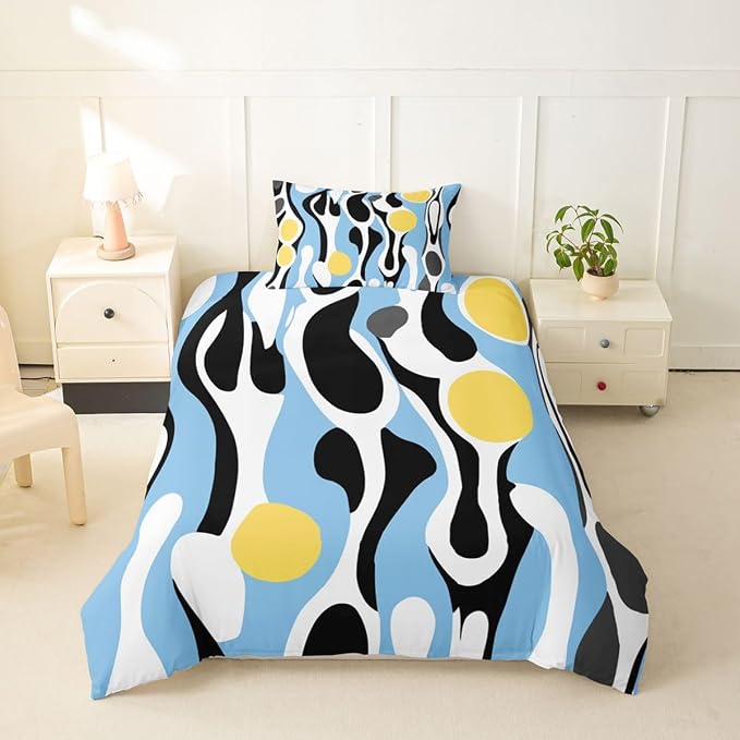 Erosebridal Mid Century Modern Abstract Duvet Cover Set Vintage Geometric Girl Toddler Bedding Set for Teenage Boys Contemporary Organic Shapes Comforter Cover Squiggle Blob Bed Sets,Blue Yellow