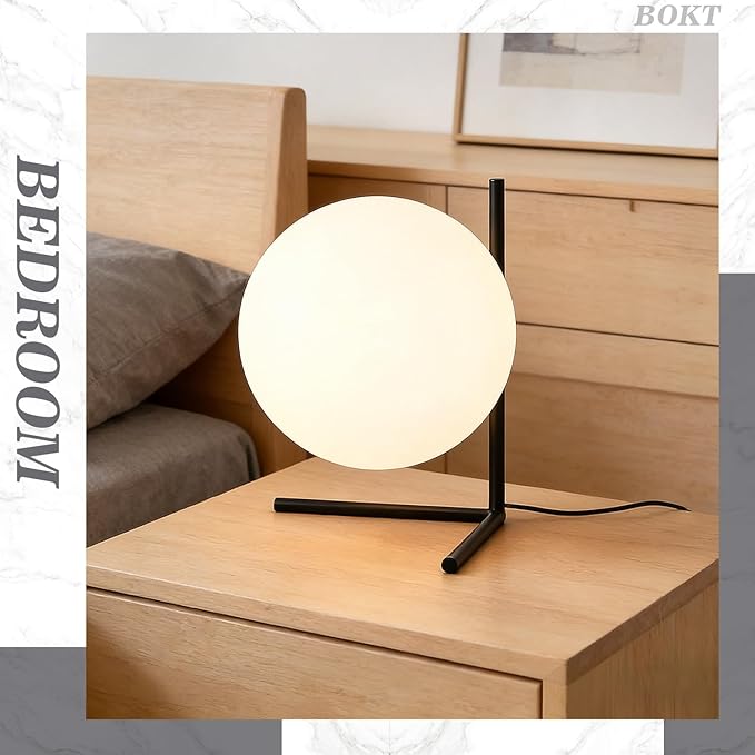 BOKT Modern Mid Century Matte Black Globe Table Lamp Post Modern Mini White Glass Desk Lamp Industrial Farmhouse Nightstand Bedside Lamp Lighting Fixture