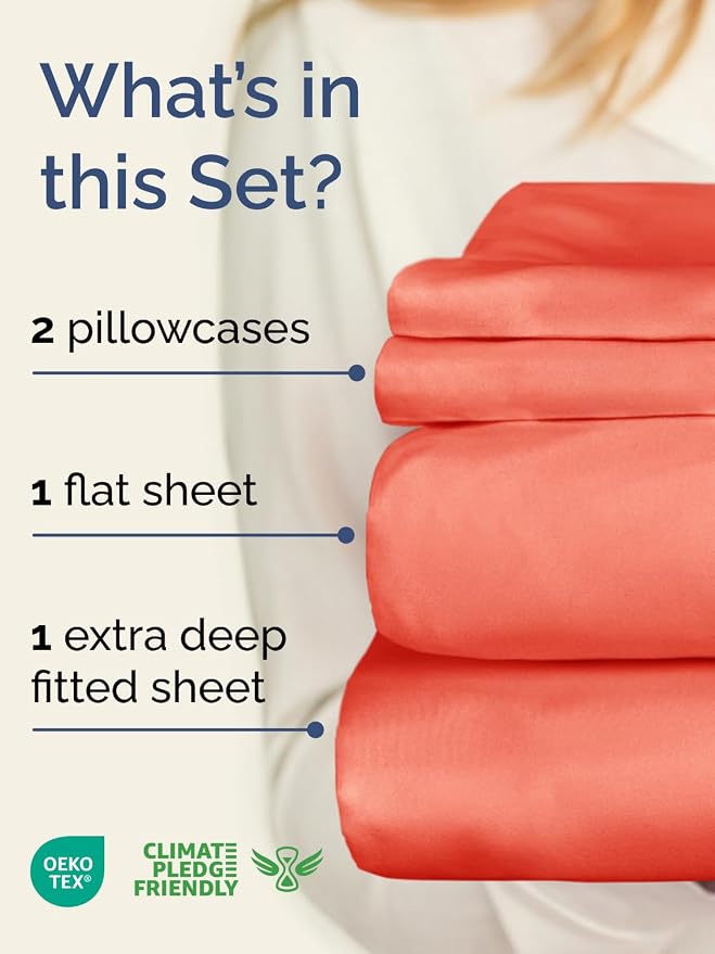 Extra Deep Twin Sheet Set - 4 Piece Breathable and Cooling Sheets - Hotel Luxury Bedding for Women, Men, Kids & Teens - Easy & Secure Fit - Soft, Wrinkle Free and Comfy - Extra Deep Pockets - Coral