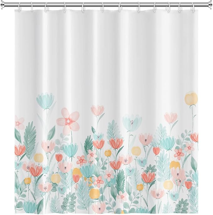 Nature Flower Shower Curtain for Bathroom Blue and Pink Floral Wild Grass Botanical Shower Curtain Modern Aesthetics Washable Polyester Durable Fabric Shower Curtain with Hooks, 65x72 Inch