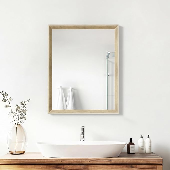 Oak Wood Effect Framed Wall Mirror, 16x20 Rectangle Mirror, 1/8" Anti-desilvering Tempered Glass, Sustainable&Sturdy Frame, Anti-Rust, HD Reflection &3min Fast Setup for Bathroom Living Room