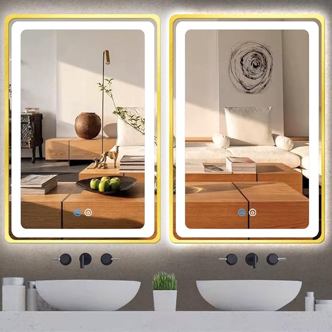 24 x 36 Inch Gold Vanity Mirror with Lights Smart Memory 3 Color Dimmable AntiFog 36 Gold Frame Lighted mirror for Bathroom Salon Horizontal/Vertical Wall Mounted LED Makeup Mirror with Light