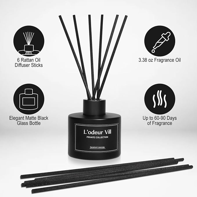 L'odeur Vill Reed Diffuser, 3.4oz(100ml) Lavender Geranium Diffuser Set with 6 Oil Diffuser Sticks, Matte Black Aroma Scent Diffuser, Long Lasting Home Fragrance for Bathroom Shelf Decor
