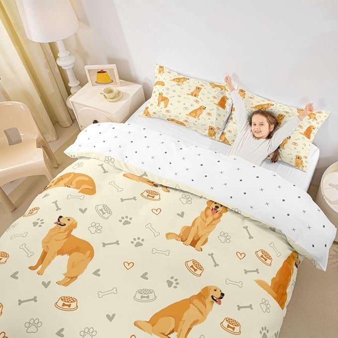Erosebridal Cute Golden Retriever Bedding Set Queen Lovely Dog Duvet Cover Pet Dog Lover Comforter Cover for Kids Girls Boys Adults Paw Print Aesthetic Bed Set