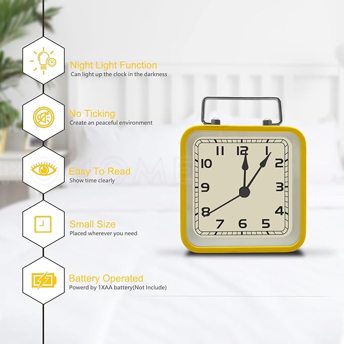 Rohome Small Alarm Clock, Retro Silent Quartz Movement with Night Light, Decorative Vintage Non Ticking Clock for Living Room, Office, Desk, Bedroom, Bedside, Hotel, Shelf, Nightstand (Yellow)
