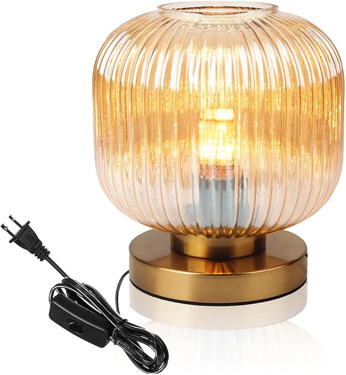 Modern Table Lamps Gold Table lamp Amber Ribbed Glass Shade Desk lamp Bedside Table lamp nightstand lamp Small Table lamp for Bedroom Living Room Office end Table Side