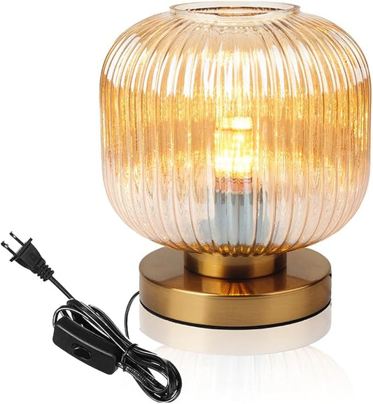 Modern Table Lamps Gold Table lamp Amber Ribbed Glass Shade Desk lamp Bedside Table lamp nightstand lamp Small Table lamp for Bedroom Living Room Office end Table Side