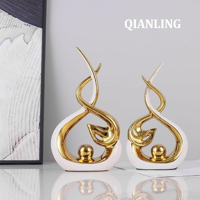QIANLING Home Decor Modern Abstract Art Ceramic Statue - White and Gld Ceramic Sculpture, Dining Table Centerpiece Decor, Decoration for Living Room, Coffee Table, Shelf, Kitchen