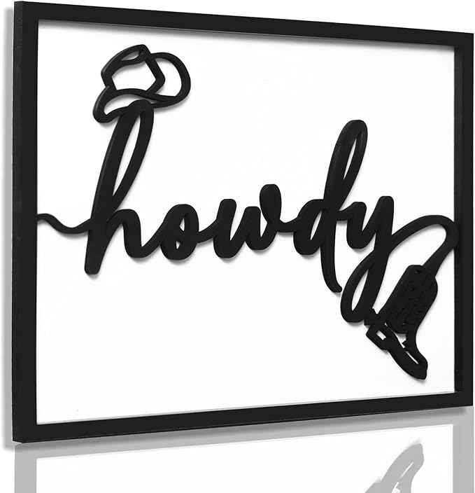 3D Wood Howdy Sign Wall Decor, Texas Country Wall Art, Framed Western Cowboy Pictures Wall Decor for Living Room Bedroom(Ready to Hang, 12x16 Inch, Framed)
