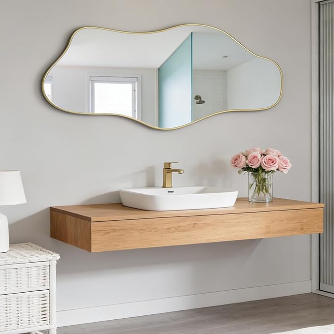 Large Irregular Mirror, 60"x24" Asymmetrical Tempered Glass Mirror Decorative, Gold Abstract Wall Mirrors for Dressing, Modern Frameless Mirrors for Living Room Bathroom Bedroom Hallway Entryway