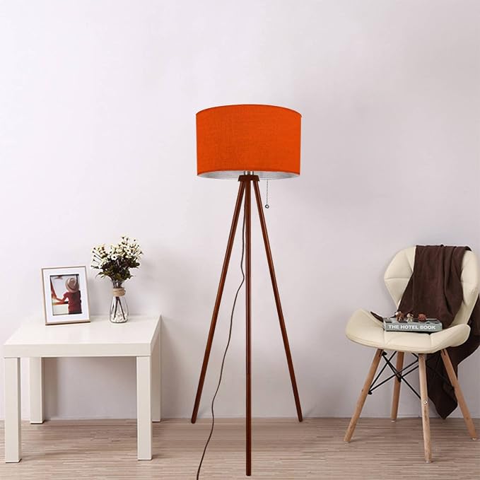 Wood Tripod Floor Lamp Orange Color for a Warm Colorful Modern Standing Lamp Linen Lampshade Dimmable Tall Lamp Mid Century Floor Lamp for Living Room Bedroom