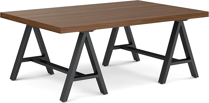 SIMPLIHOME Sawhorse 48 inch Wide Rectangle Industrial SOLID WALNUT WOOD and Metal Coffee Table in Walnut for the Living Room and Family Room