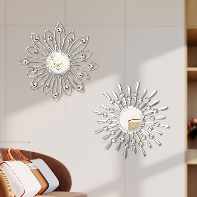 2 Pack Metal Mirrors for Wall Boho Sunburst Wall Mirror Home Decor Modern Decorative Wall Art for Bedroom Living Room Entryway