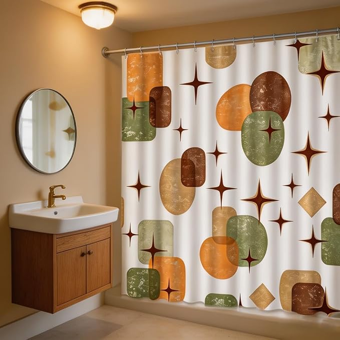 Boho Mid Century Shower Curtain Retro Abstract Geometric Shapes with Starburst Sage Green Beige and Terracotta Fabric Bath Curtain Polyester Bathroom Decor with Hooks (36"X72")