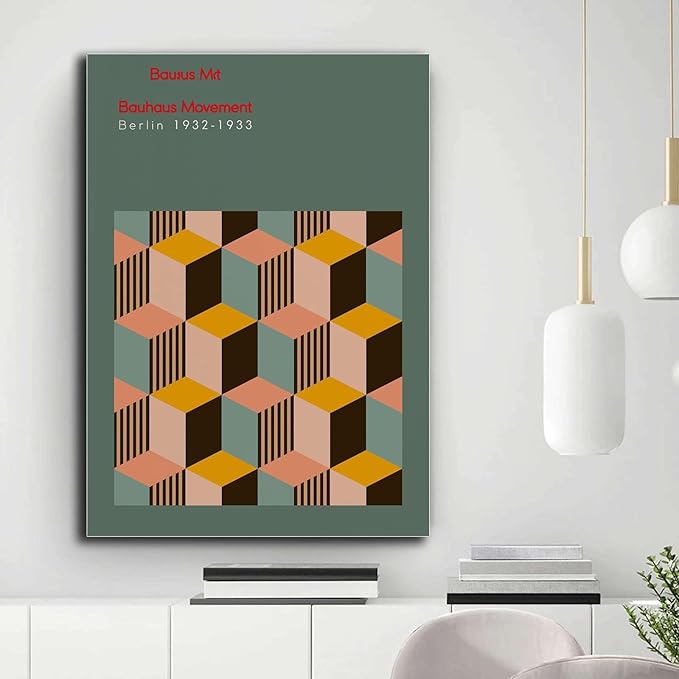 Poster Wall Art Print Bauhaus Exhibition Poster Geometric Minimalist Abstract Wall Art Print Mid Century Modern Orange Sage Green Decor Living Room and Bedroom Home Decoration 16x24inch wood Frame