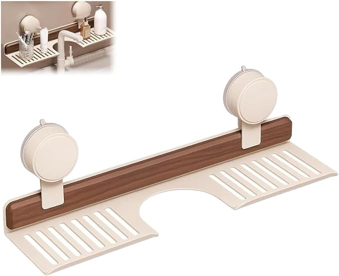 Walnut Bathroom Suction Cup Shelf - Wall Mounted Sink Shelf Over Faucet for Bathroom & Kitchen, Removable Suction Cup Sink Over Faucet Organizer, Floating Storage Countertop Shelves (White_40CM)
