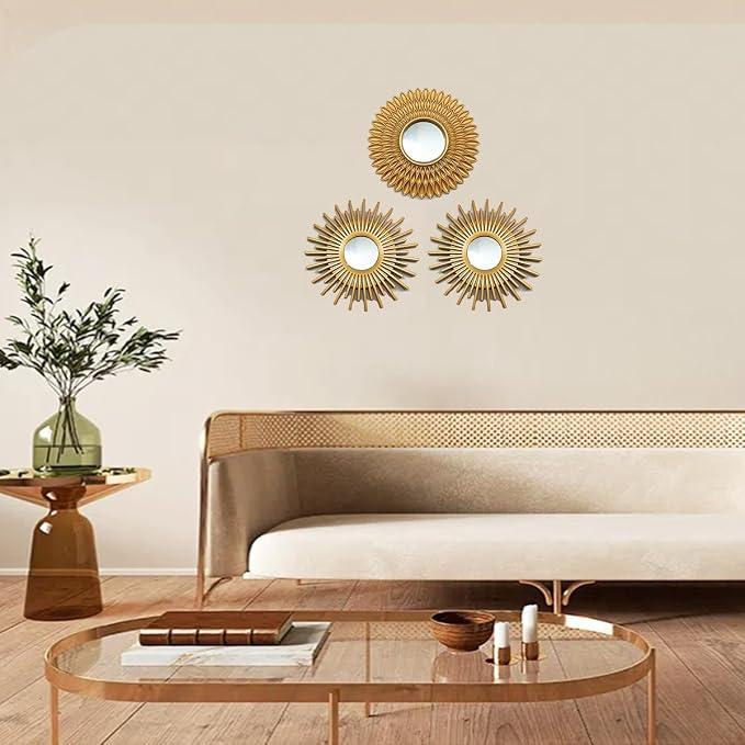 Gold Mirrors for Wall Pack of 1. Round Mirrors.12 Pointed Star Shape.Decorative Mirrors.Wall Mirrors for Decor Home Decor.Plastic Frames.Glass Mirrors.Sun Gold Color.