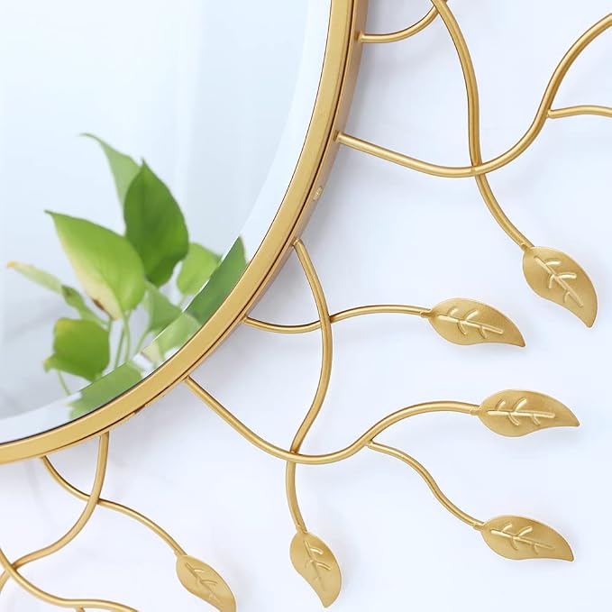 Chende 39" x 39" Gold Decorative Wall Mirror, Large Round Mirror with Metal Leaves, Gold Frame for Living Room, Entrance, Dining Room, Bedroom