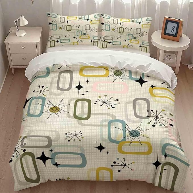 Modern Geometric Bedding Set,Retro Mid Century Colorful Diamond Abstract Geometric Vintage 60s 70s Pattern Comforter Set with Pillowcase for Bedroom Bed Decor,King 102"x90"