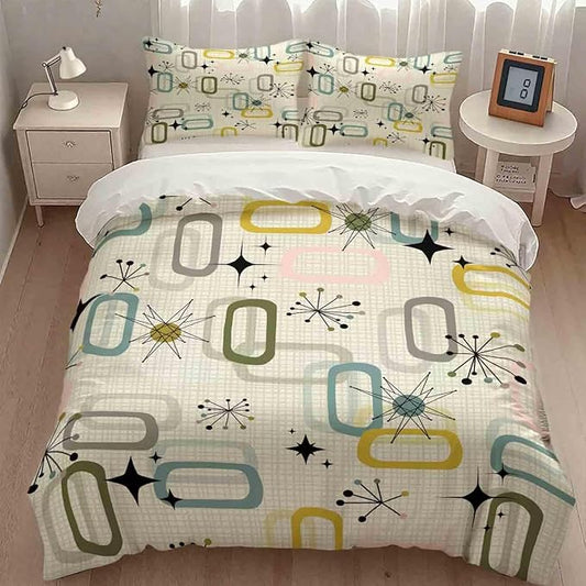 Modern Geometric Bedding Set,Retro Mid Century Colorful Diamond Abstract Geometric Vintage 60s 70s Pattern Comforter Set with Pillowcase for Bedroom Bed Decor,King 102"x90"