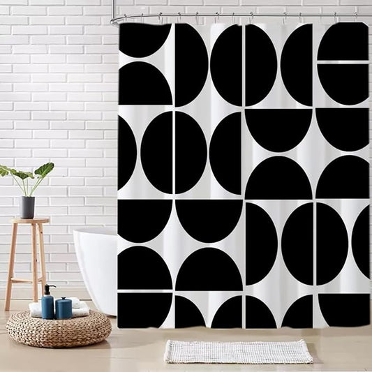Black and White Geometric Shower Curtain - Mid-Century Modern Abstract Art, Waterproof Polyester Fabric, 72x72 Inches, with 12 Hooks