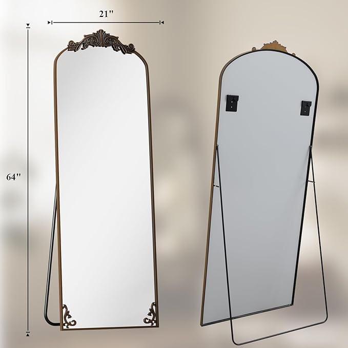 HARRITPURE Vintage Full Length Mirror - 64"x21" Arched Large Floor Standing Mirrors, Baroque Carved Aluminum Frame for Bedroom, Living Room, Entryway,Bronze