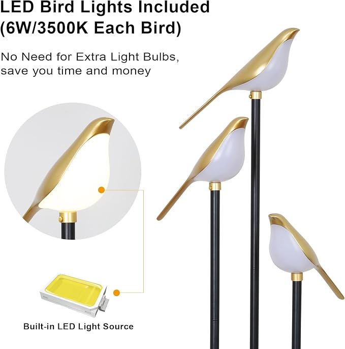 Black and Gold Floor Lamp, Bird Floor Lamp with Shelves, Modern floor Lamps for Living Room, 3-Light Corner Standing Lamp, LED Stand Up Lamp, Tall Lamp for Bedroom, Office, Cute Lighting Decor