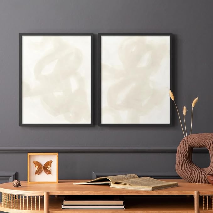 Renditions Gallery Set of 2 Peel & Stick Framed Prints, Abstract Wall Art, Beige and White Aesthetic Wall Decor, Re-Stickable - Ready to Hang - 8"x10" - Black Frame LT588