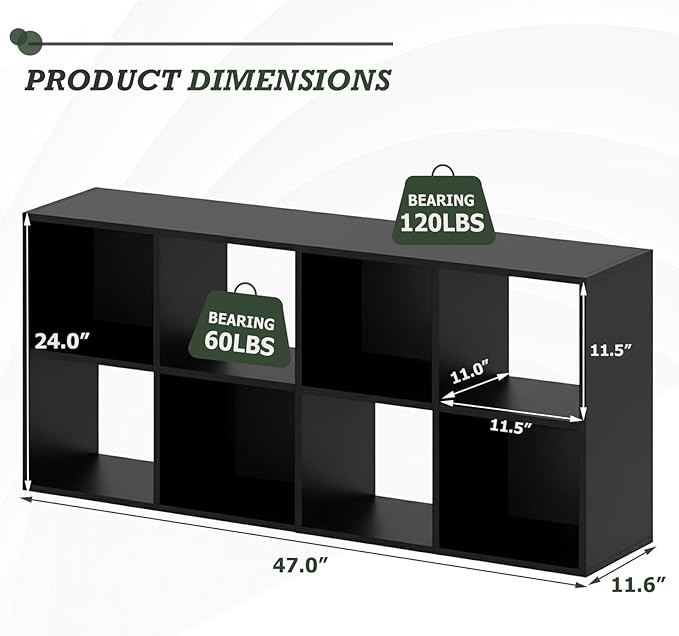 8 Cube Storage Organizer Shelf, Open Cube Bookshelf, Reversible Bookcase, Sturdy Modern Storage for Home Office, Bedroom, Living Room, Black