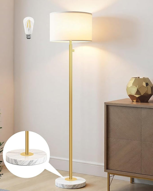 Gold Floor Lamps for Living Room–LED Bulb Included,Dimmable Floor Lamp with Linen Shade,Modern Standing Lamp with Marble Base,Tall Floor Lamp for Bedroom,Nursery,Reading & Office