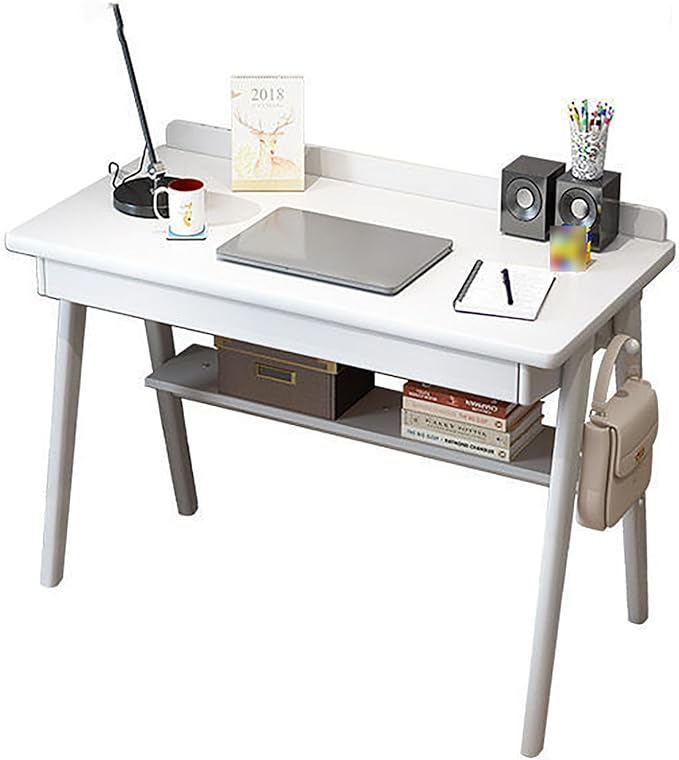 Solid Wood Writing Desk, Home Office Desk Workstation with Drawers and Hook, Mid-Century Modern Computer Work Study Table with Storage Shelf for Small Spaces(100x60x75cm(39x24x30inch), White)