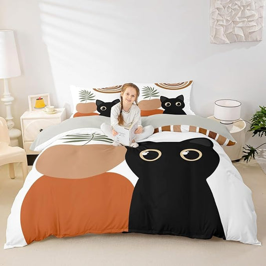 Erosebridal Funny Cat Duvet Cover King Boho Mid Century Bedding Set Modern Minimalism Animals Comforter Cover for Kids Girls Boys Adults Abstract Geometric Bed Set