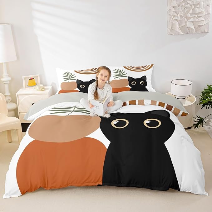 Erosebridal Funny Cat Duvet Cover Queen Boho Mid Century Bedding Set Modern Minimalism Animals Comforter Cover for Kids Girls Boys Adults Abstract Geometric Bed Set