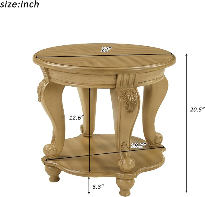 22'' Round End Table Solid Wood Sofa Side Table with Storage Shelf, Antique Natural Living Room Corner Table Retro Accent Table, Easy Assemble Round Bedside Table Night Stand for Small Space