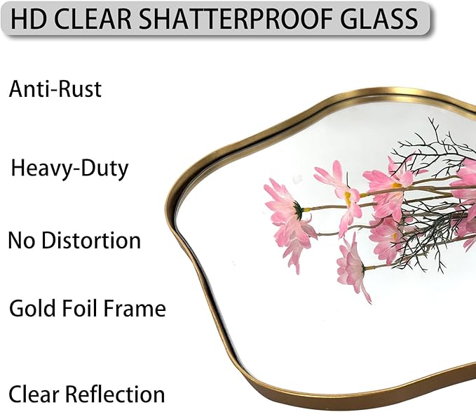 Irregular Shaped Mirror, 20" Gold Asymmetrical Mirror for Wall, Wavy Round Mirrors Decorative, Modern Scalloped Mirrors for Living Room Bathroom Bedroom Hallway Entryway Fireplace